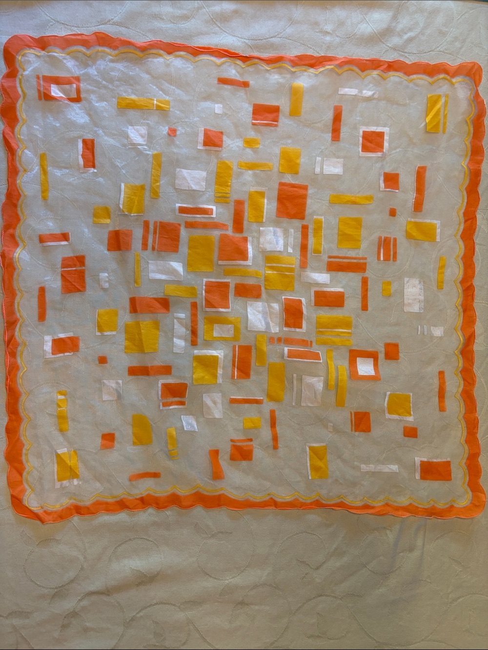 Sheer Abstract Square Scarf with Orange & Yellow Accents